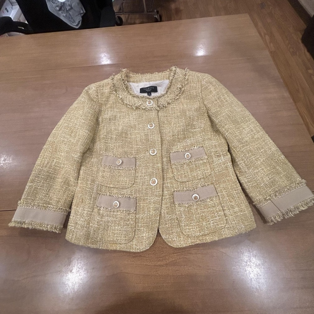 Talbots Blazer Womens 2P Gold Acrylic Blend Tweed Collarless Fringe Pockets